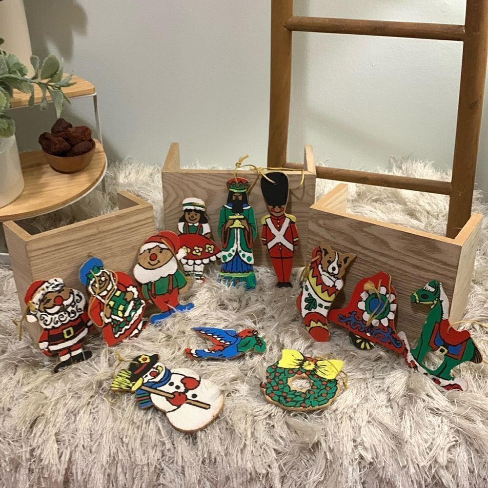 Vintage Wooden Hand Painted Christmas Ornaments Bundle Of Twelve